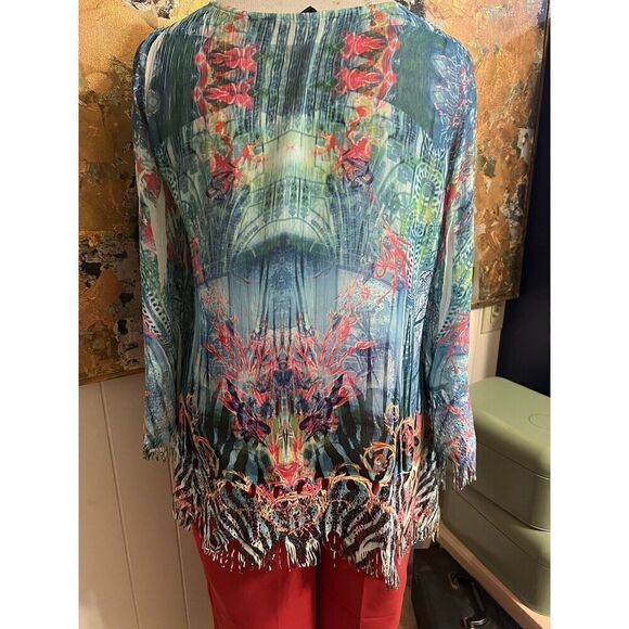 Art To Wear Mushka Sienna Rose Medium Tunic Fringed Cut Outs Hem Bell Sleeves - Picture 6 of 9